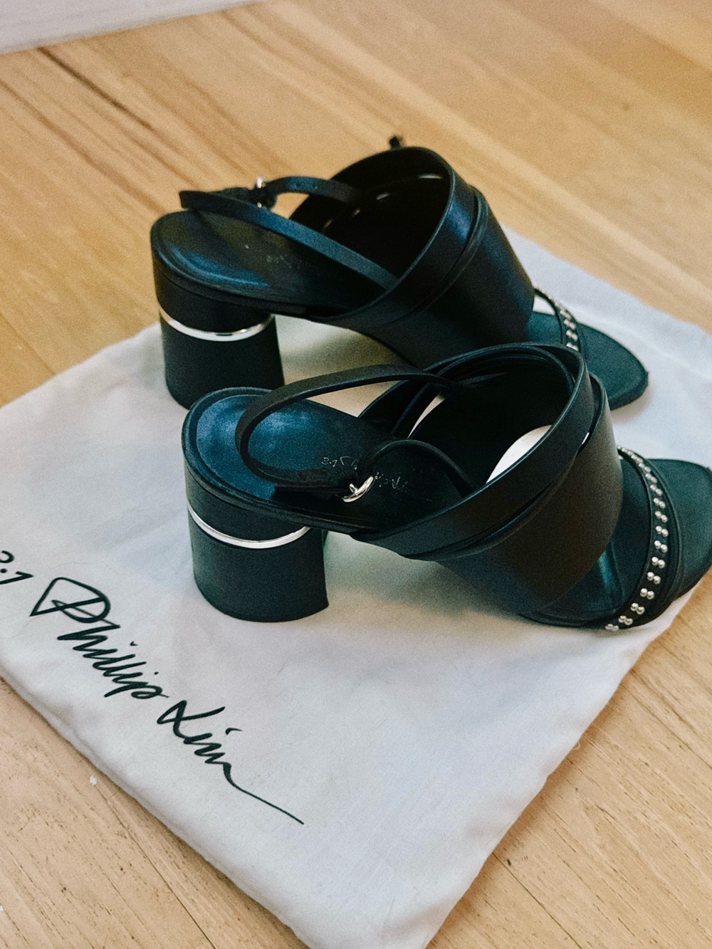 3.1 Phillip Lim Black Leather Stud-Trim Block Heel Sandals